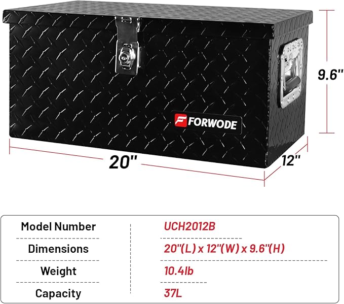 FORWODE 20 Inch Aluminum Truck Tool Box Lockable Truck Bed Tool Box Waterproof Truck Bed Storage Box with Side Handle Small Truck Tool Chest for Pickup, Truck Bed, RV, Trailer & Garage (Black)