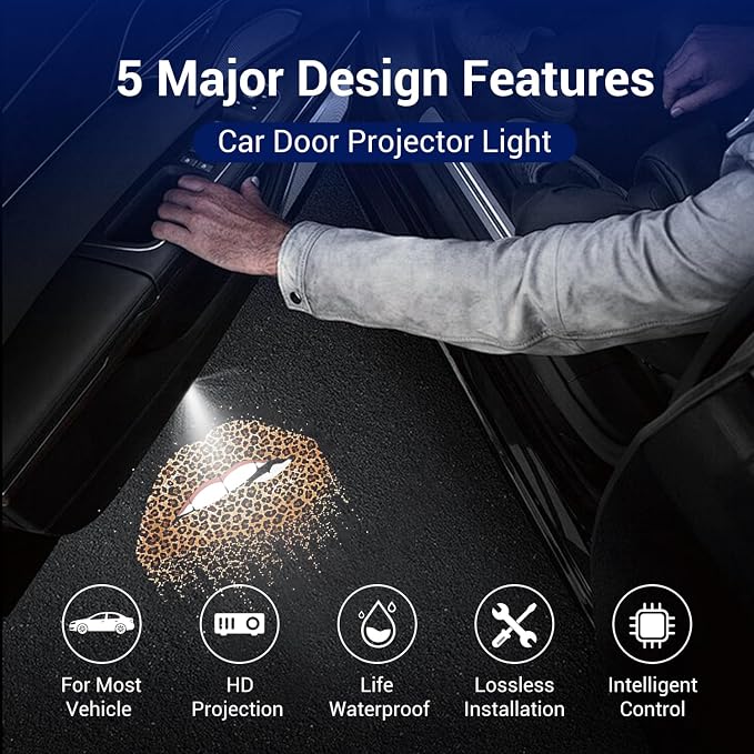 Women Cool Lips Bite Kiss Me Leopard Print Lips Car Door Projector Lights Leopard Cheetah Car Accessories Decor Gifts LED Car Door Shadow Ghost Welcome Lights by FLYEEGO