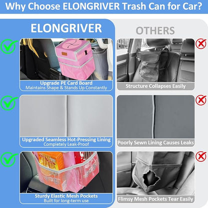 ELONGRIVER Car Trash Can for SUVs, Trucks, Vans - Pink, 2 Gallons Capacity, Leak-Proof Liner, Utility Clasps, Cute Design
