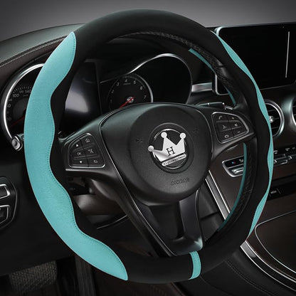 HighnessHwoo Luxury Suede Steering Wheel Cover for Cars, Soft Leather Padded Wheels Cover for Sedan, SUV, Thin Car Handle Cover, Universal Fit, Anti Slip, 14.75-15.15in, Green