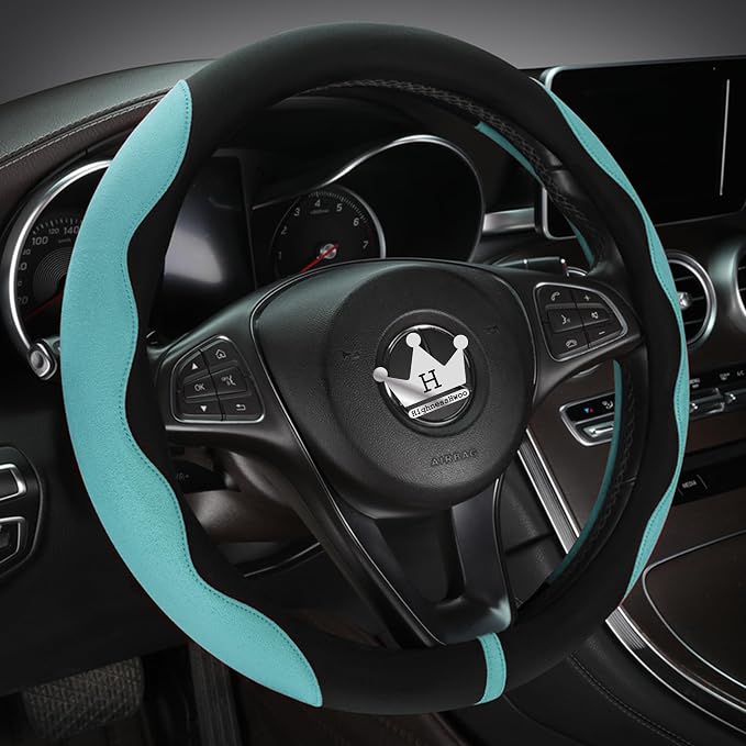 HighnessHwoo Luxury Suede Steering Wheel Cover for Cars, Soft Leather Padded Wheels Cover for F150, Trucks, Jeep, Van, Auto Thin Large Car Handle Cover, Universal Fit, Anti Slip, 15.2-16in, Green