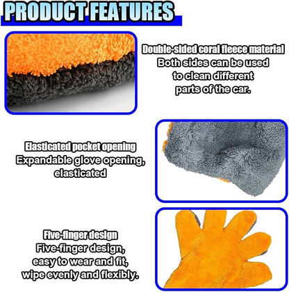 5 Finger Coral Fleece Car Wash Mitt, No Scratch Microfiber Wash Mitt Auto Cleaning Glove with Elastic Wrist Cuff, Reusable Double Sided Washing Glove Vehicle Dusting Mitt for Car Detailing (1PC)