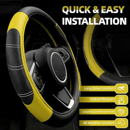 NBTEPEM 6 Pcs Yellow Car Accessories Set, Sport Leather Steering Wheel Cover 14.5-15inch Universal, Microfiber Leather Car Center Console Cover, Seat Belt Cushion, Cup Holder Coaster (Black-Yellow)