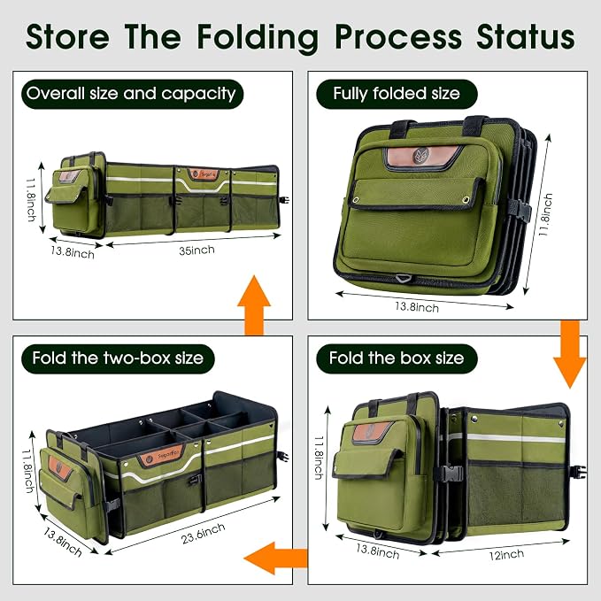 SugarFox Car Trunk Organizer for SUV, Heavy Duty Waterproof Trunk Organizer, Foldable Collapsible Car Organizer with Cooler, Multi-Compartment Large Trunk Organizer (95L), Green-M003