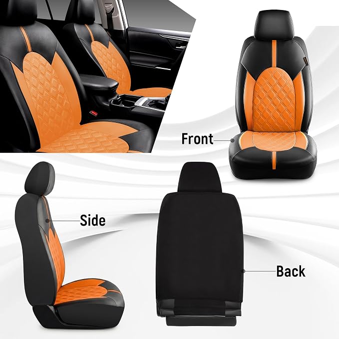 CAROMOP Luxury PU Leather Car Seat Covers Front Set, Anti-Stain Waterproof Automotive Seat Covers for Cars, Universal Car Interior Covers Seat Protectors for SUVs Pick-up Trucks(Orange Brown)