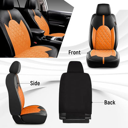 CAROMOP Luxury PU Leather Car Seat Covers Front Set, Anti-Stain Waterproof Automotive Seat Covers for Cars, Universal Car Interior Covers Seat Protectors for SUVs Pick-up Trucks(Orange Brown)