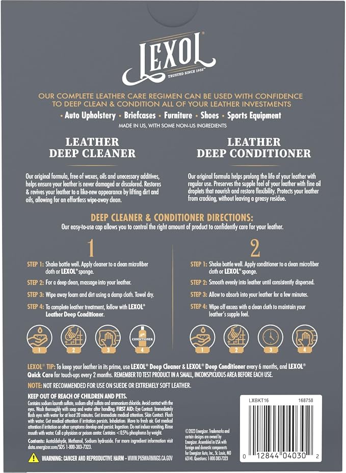 Lexol Leather Conditioner & Cleaner Kit - Premium 2-Step Leather Care for Car Interiors, Furniture, Shoes & Handbags, Includes 2 Sponges, Gift for leather lovers (16 oz Each)
