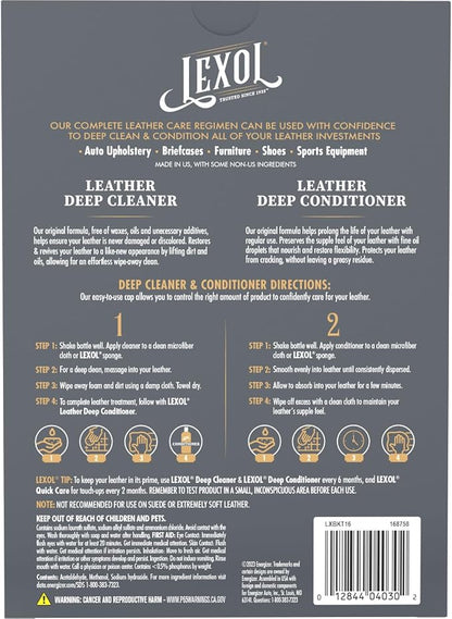 Lexol Leather Conditioner & Cleaner Kit - Premium 2-Step Leather Care for Car Interiors, Furniture, Shoes & Handbags, Includes 2 Sponges, Gift for leather lovers (16 oz Each)