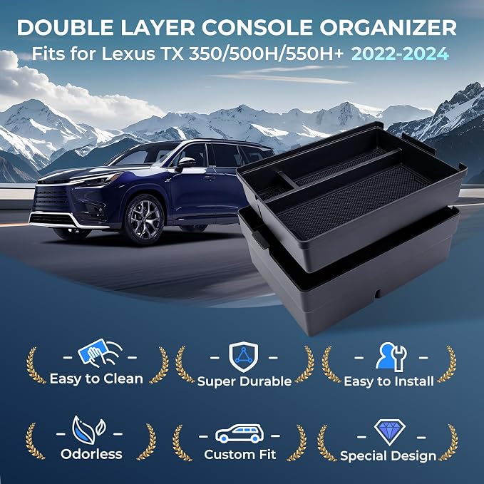 Double Layer Center Console Organizer Tray Storage Box for Lexus TX TX350/TX500h/TX550h+ 2026 2025 2024, Interior Accessories Armrest Insert Tray for 2024-2026 TX 350 500h 550h+, Black