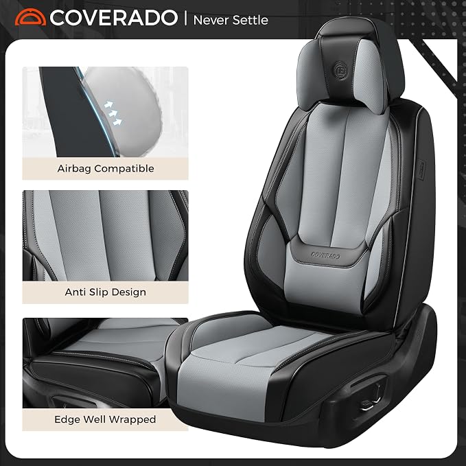Coverado Seat Covers, Car Seat Covers Front Seats, Car Seat Cover, Car Seat Protector Waterproof, Seat Cushion Nappa Leather with Head Pillow, Carseat Cover Universal Fit for Most Cars (Black&Gray)
