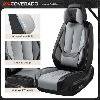 Coverado Seat Covers, Car Seat Covers Front Seats, Car Seat Cover, Car Seat Protector Waterproof, Seat Cushion Nappa Leather with Head Pillow, Carseat Cover Universal Fit for Most Cars (Black&Gray)