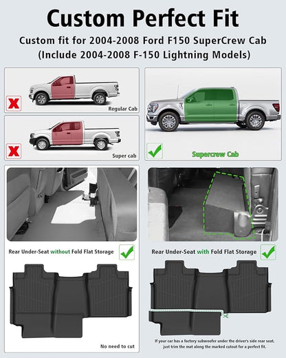 Floor Mats for 2004-2008 Ford F-150 SuperCrew Cab & for Lincoln Mark LT Crew Cab 2006-2008 All Weather TPE Floor Liners Custom Fit for 2008 F-150 1st & 2nd Row Anti-Slip Full Set Car Mats