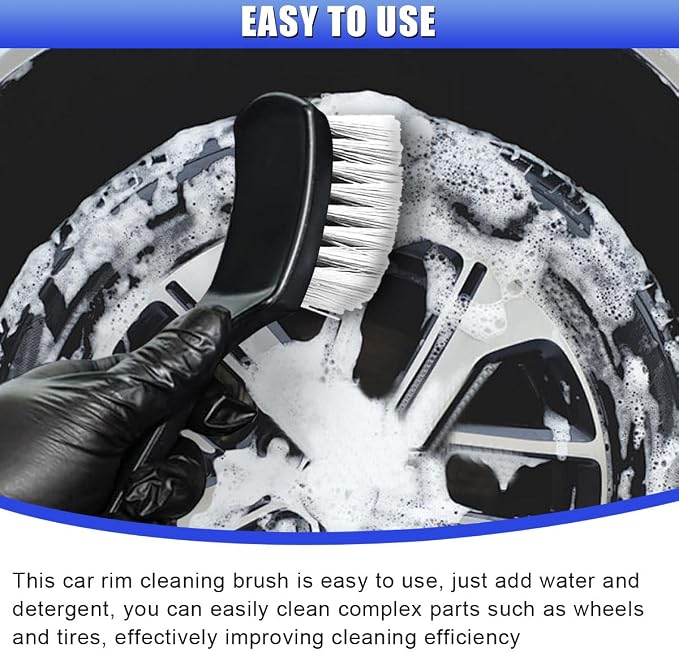 Car Wheel Brush, Stiff Bristle Short Handle Scrub Tire & Wheel Rim Brush, No-Scratch Carpet/Floor Mat Detailing Tool, Auto Interior and Exterior Cleaning Supply for Vehicle, Home (White)