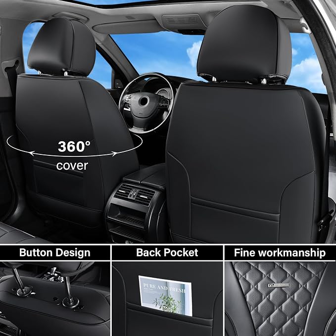 Coverado Car Seat Covers Front Seats, Black Seat Covers, Breathable Perforated Design, Luxurious Diamond Leather Car Seat Cover, 2 Pack Car Seat Protector Front Seat Cover Universal Fit Most Cars