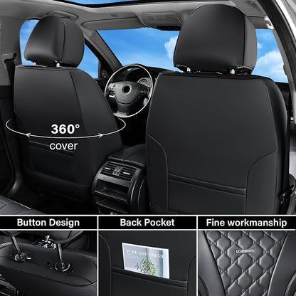 Coverado Leather Seat Covers, Car Seat Covers Full Set, Perforated Diamond Leather Car Seat Cover, Waterproof Car Seat Protector Seat Cushion, Universal 5 Seats Black Seat Cover Fit for Most Cars