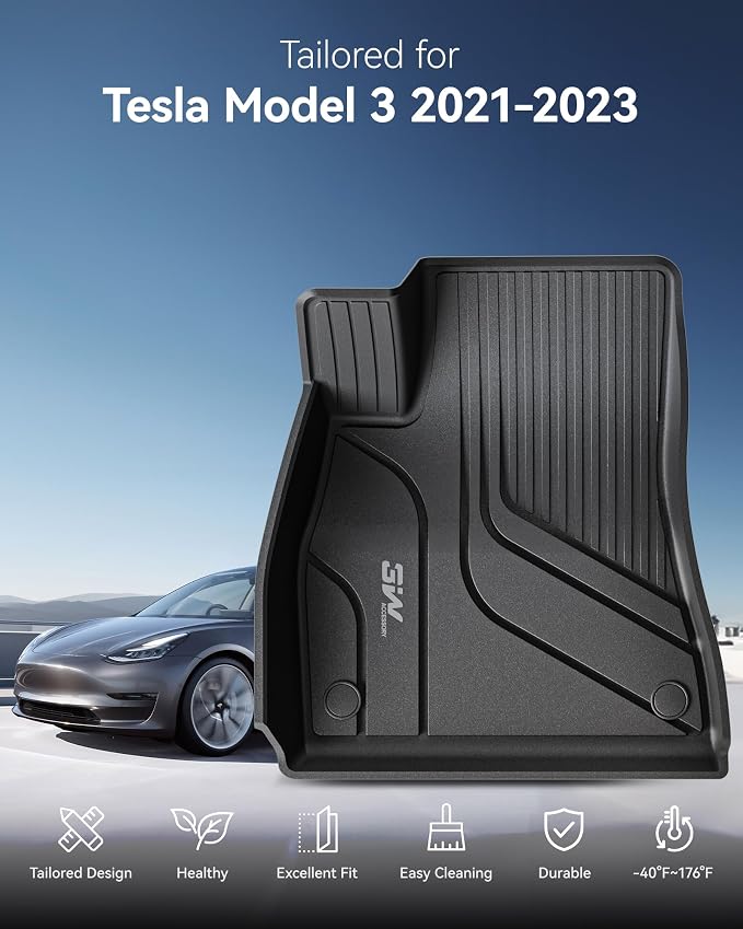 3W Tesla Model 3 Floor Mats and Trunk Mat, All-Weather TPE Floor Liner Compatible for Tesla Model 3 2021-2023, Full Set Black Floor Mats and Cargo Liner Mat Custom Fit