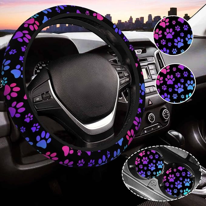 Paw Print Steering Wheel Cover for Women, Universal Auto Steering Wheel 14-15 Inch Car Interior Accessories with 2PCS Car Coasters, Suitable for Men and Women