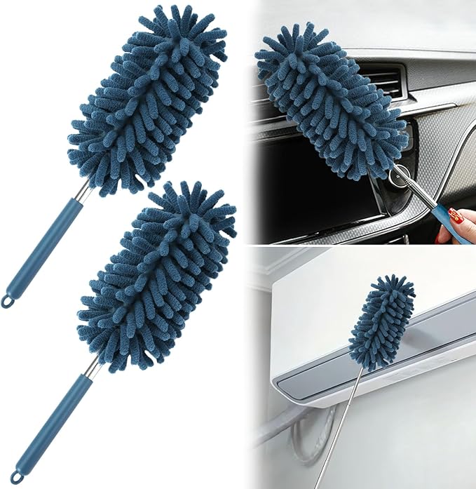 2Pcs Car Interior Duster with Extension Pole Soft Dash Vent Dusting Detailing Wash Brushes with Long Handle Duster Cleaner Tool New Car Must Haves for Cleaning Supplies (Blue)