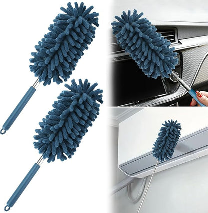 2Pcs Car Interior Duster with Extension Pole Soft Dash Vent Dusting Detailing Wash Brushes with Long Handle Duster Cleaner Tool New Car Must Haves for Cleaning Supplies (Blue)
