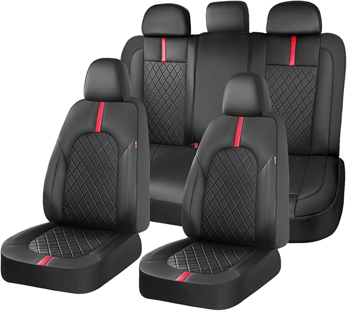 Coverado Car Seat Covers Full Set, Waterproof Front Seats Back Seat Cover, Leather Seat Cushion Universal Fit for Most Cars (Black-Red)