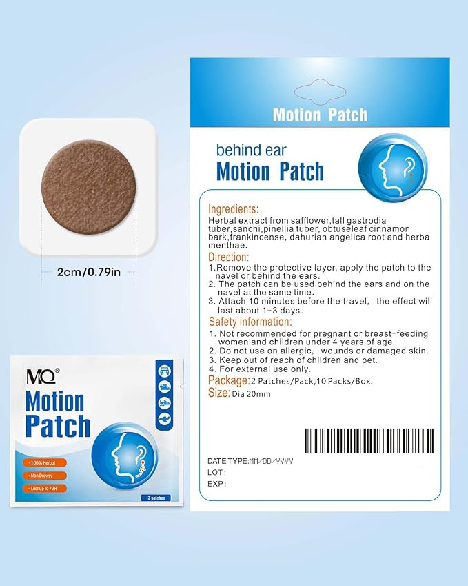 MQ Motion Sickness Patch,50 Count,Non Drowsy Sea Sickness Patches Behind Ear for Cruise Ship Travel, Waterproof Car Sick Patches Fast Acting & Long Last 72H