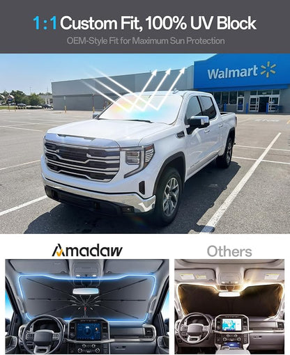 Car Windshield Sun Shade Umbrella for Ford F150 2000~2026(Ice Crystal + Fabric + Black Film), Keeps Car Cool, Foldable Sunshade with Soft Edge, Easy Storage with Bag