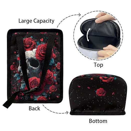 Skull Red Roses Pattern Car Trash Can with Lid and Zipper Portable Foldable Trash Bin for Car Interior Accessories Multipurpose Garbage Can Bags Storage Organizer Halloween Decor