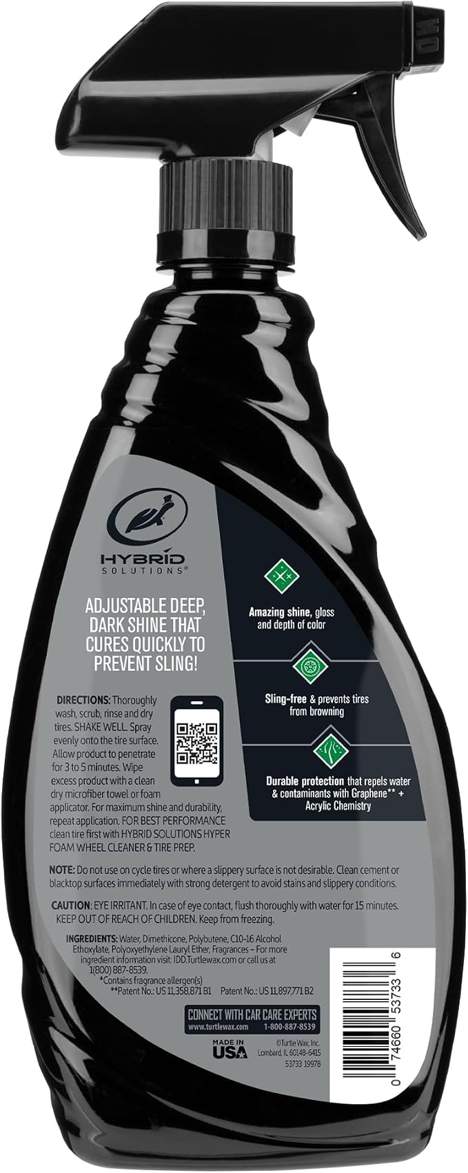 Turtle Wax Hybrid Solutions Graphene Acrylic Tire Shine Spray Coating, Long-Lasting Rich Black Shine, No-Sling, Water-Resistant Tire Dressing with UV and Dirt Repellent Protection, 23oz (Pack of 1)