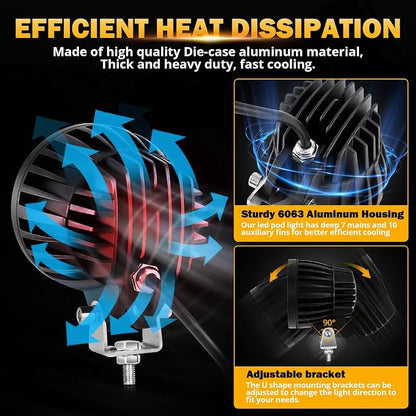Auxbeam C4 Series LED Pods 4In 72W Amber Fog Light, Round Spot Offroad Light, 2PCS 7200LM Amber Light Pod with Wiring Harness Kit, Driving Light Yellow Ditch Light for Jeep Motor SUV ATV UTV Wrangler