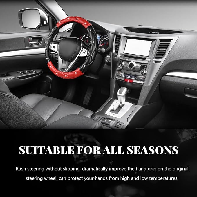 Bling Car Steering Wheel Cover, 15 Inch Diamond Leather Anti-Slip Auto Steering Wheel Protector, Cute Sparkly Rhinestones Wheels Cover Automotive Decoration for Women Girl (Black & Red)
