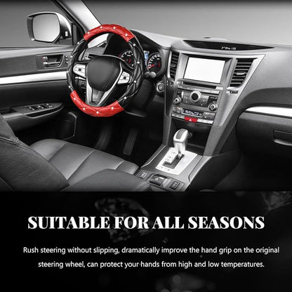 Bling Car Steering Wheel Cover, 15 Inch Diamond Leather Anti-Slip Auto Steering Wheel Protector, Cute Sparkly Rhinestones Wheels Cover Automotive Decoration for Women Girl (Black & Red)