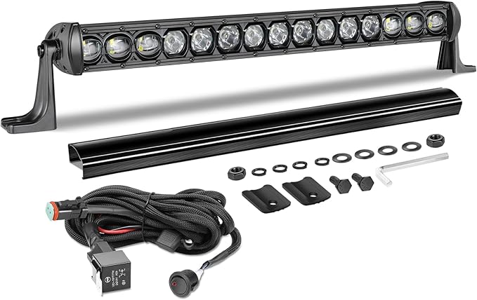 20 Inch Light Bar Kit, AKD Part 105W OSRAM LED Slim Single Row LED Light Bar w/Wiring Harness Black Cover Offroad Driving Light Bumper Grille Lights for Trucks Pickup SUV UTV ATV Toyota GMC