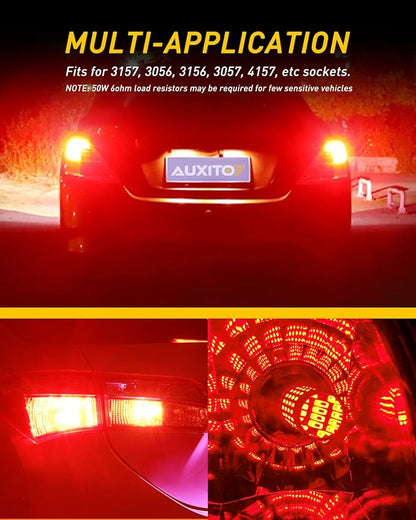 AUXITO Upgraded 3157 LED Bulbs Red, Super Bright 3056 3156 3057 4157 LED Bulbs with Projector for Brake Lights Tail Lights Stop Turn Signal Reverse Back Up Parking Lights, Pack of 2