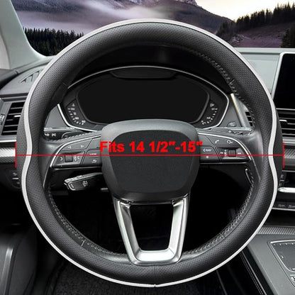 HAOTULE Leather Steering Wheel Cover， with Anti-Slip Stripe Design - Enhanced Grip, Fashion Style, Safe, Non-Slip, Breathable. Upgrade car Interior，Black White
