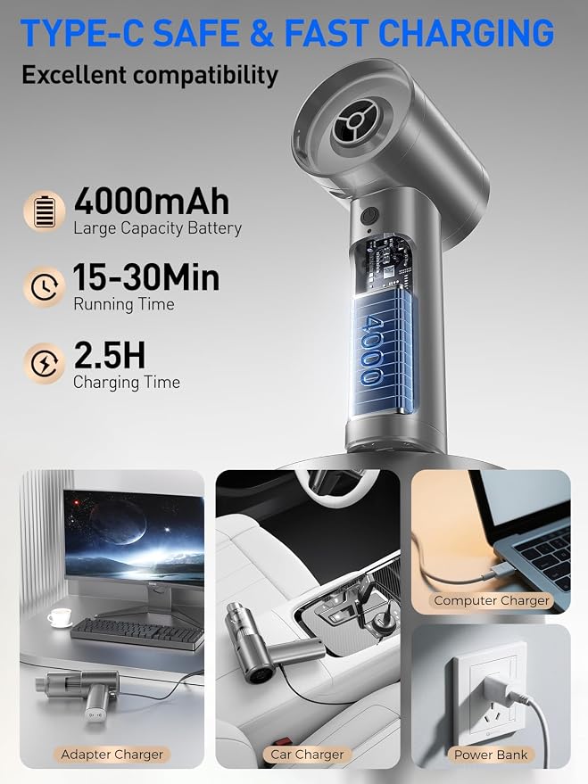 Mini Car Vacuum, 12000PA Powerful Suction, Portable Vacuum for Car, Handheld Cordless Small Vacuum Cleaner & Air Duster for Home, Desk,PC, Keyboard