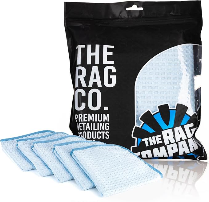 The Rag Company Dry Me A River, Professional Korean 70/30 Blend Microfiber Waffle-Weave Drying & Detailing Towels, Soft Suede Edges, 390 GSM, 16x16 Inches, Light Blue, 5-Pack