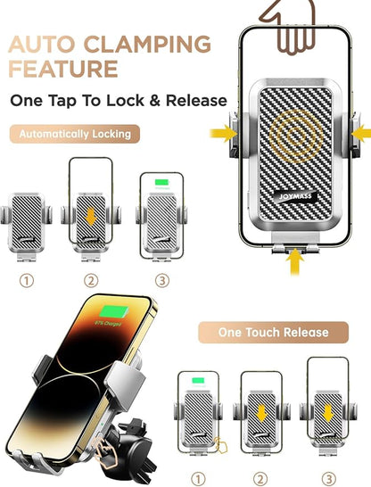 JOYMASS Wireless Car Charger, Phone Holders for Your Car, 15W Auto Clamping Phone Mount Car Accessories for iPhone 16 15 14 13 12 Mini Pro Max, Samsung Galaxy S24 Ultra S23 S22+ Note 20, etc - Silver