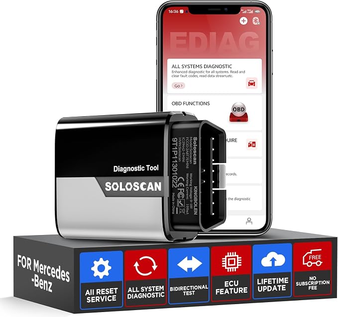 KINGBOLEN SOLOSCAN Bluetooth OBD2 Scanner for Mercedes-Benz MB (A/C/E/S/G/More), Maybach Bidirectional Scan Tool, All System Diagnostic, All Reset Service, Auto VIN, Lifetime Update for iOS & Android