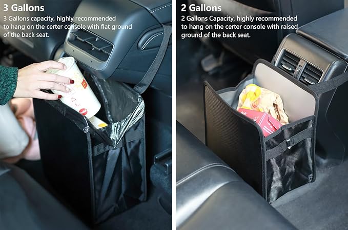 Ginsco 2 Gallons Open-Top Car Trash Can, Hanging Leakproof Car Trash Bag with Water-proof PEVA Liner, Stand Trash Bag for Cars Foldable Automotive Garbage Can for Cars SUV Truck RV Black