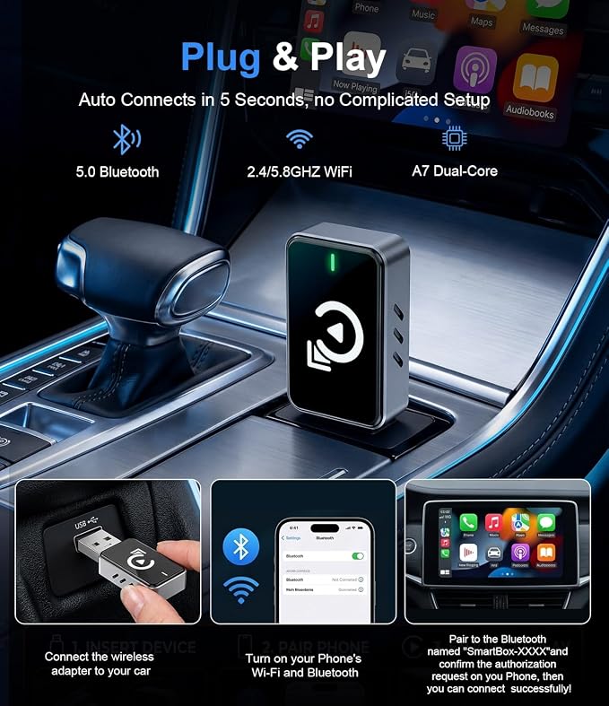2026 Wireless CarPlay Adapter for iPhone, Bluetooth Car Play Wireless Adapter USB C for Apple & Android Auto - 5s Auto Connect Zero Latency‌, 2-in-1 Ultra Compact Carplay Adapter (Black)