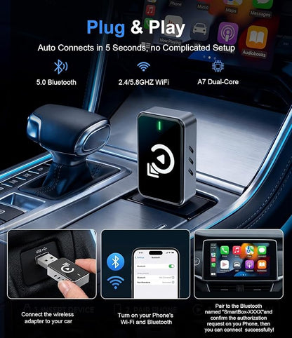 2026 Wireless CarPlay Adapter for iPhone, Bluetooth Car Play Wireless Adapter USB C for Apple & Android Auto - 5s Auto Connect Zero Latency‌, 2-in-1 Ultra Compact Carplay Adapter (Black)