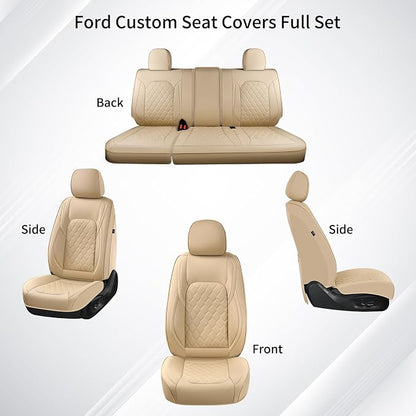 Huidasource F150 F250 F350 Front&Rear Leather Seat Covers Fit for 2015-2025 Ford F150 SuperCrew & 2017-2025 F250 F350 F450 Super Duty Crew Cab XL XLT Lariat King Ranch Platinum(Full Set/Beige)