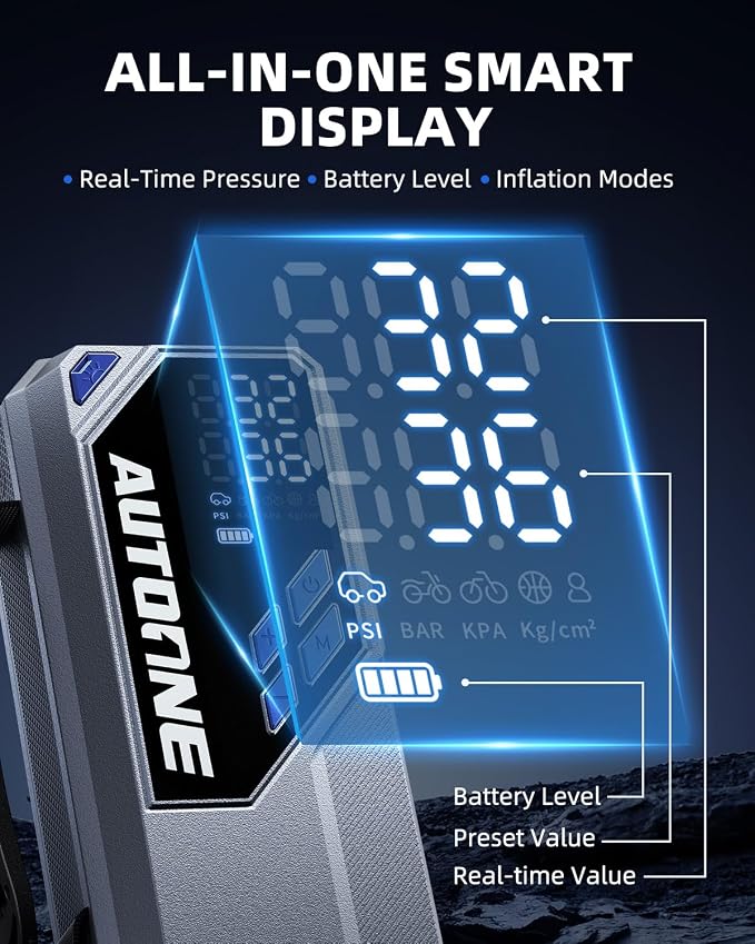 AUTOONE 10000A Jump Starter with Air Compressor, 24000mAh Jump Box with Tire Inflator (All Gas & Diesel) Portable Car Battery Booster Jumper Starter Pack, Jumper Cables, Type C, 60W Charging, Light
