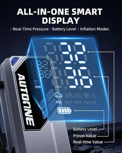 AUTOONE 10000A Jump Starter with Air Compressor, 24000mAh Jump Box with Tire Inflator (All Gas & Diesel) Portable Car Battery Booster Jumper Starter Pack, Jumper Cables, Type C, 60W Charging, Light