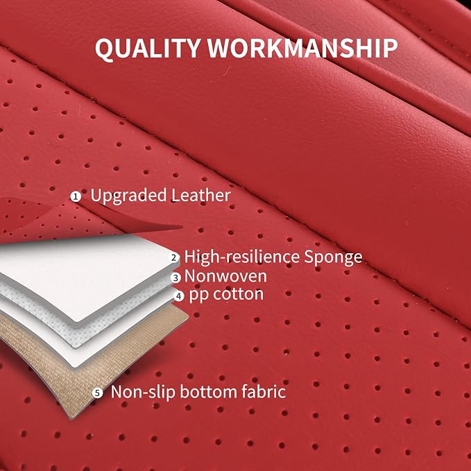 HChengkikz Nappa Leather Car Seat Covers Full Set, Red Car seat Protector 5 Seats, Waterproof Car Seat Cushion, Universal Automotive Seat Covers Fit for SUV Truck Pick-up Sedan, Front and Rear