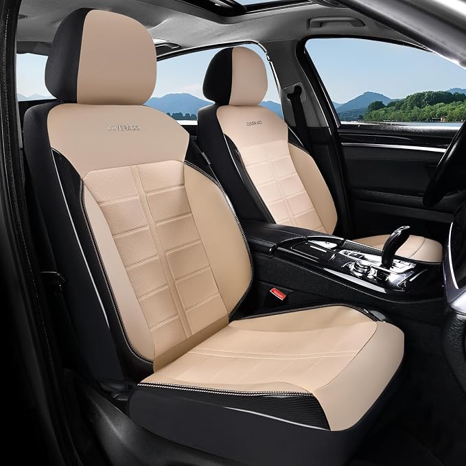Coverado Front Seat Leather Covers, Full Leather Construction with Carbon Fibre Weave, Universal Fit for Most Cars SUV Trucks (Beige)