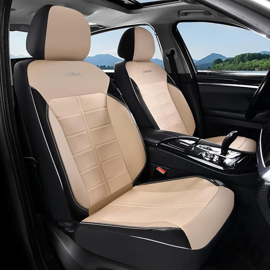 Coverado Front Seat Leather Covers, Full Leather Construction with Carbon Fibre Weave, Universal Fit for Most Cars SUV Trucks (Beige)