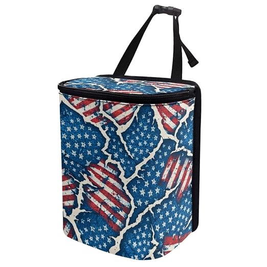 Talayituse Vintage American Flag Paper Print Car Trash Bin, Large Size Auto Trash Can Adjustable Portable Garbage Can with Lid, Vehicle Hanging Bag for Headrest Front Back Seat 4th of July Decor
