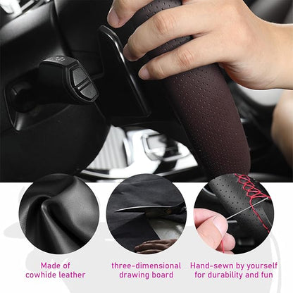 Ziciner Genuine Leather Steering Wheel Cover, Stitch on Wrap, Breathable Anti-Slip Car Steering Wheel Protector for Max Diameter 15 Inch, DIY Sewing with Needles Thread (Coffee, Hole)