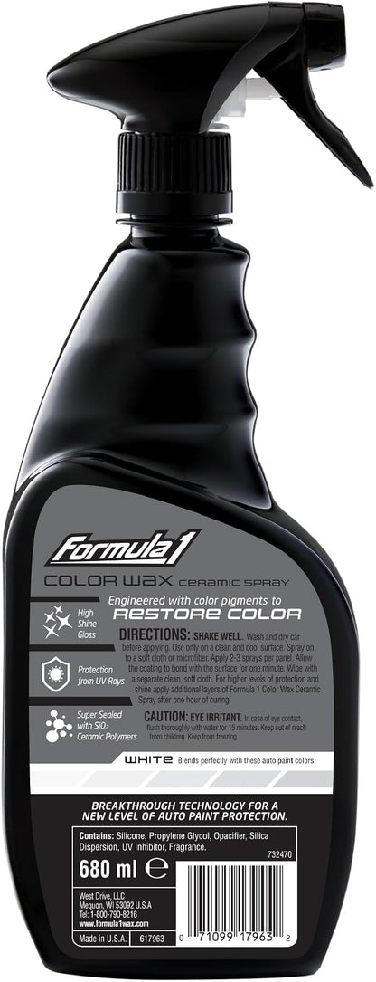 Formula 1 Color Wax Spray for White Cars, Gives Ceramic Water Beading Protection and Ultimate Shiny Finish, Fills Minor Scratches with Color-Match Pigment, 23 oz